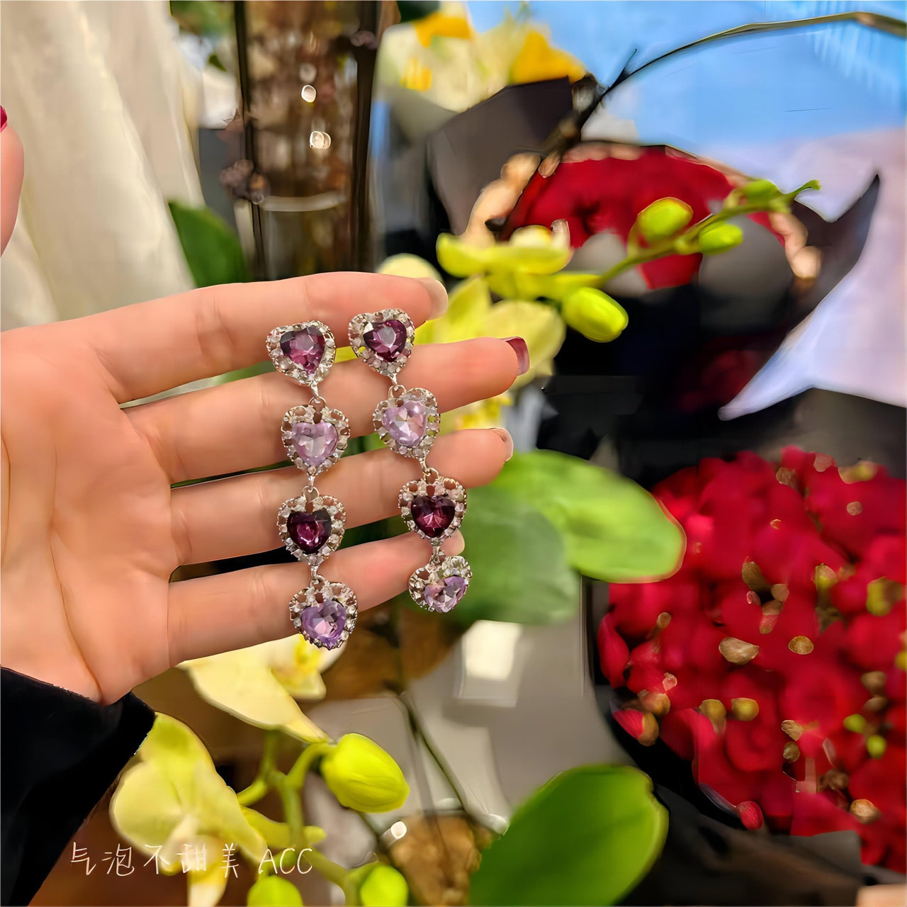 Chic CZ Inlaid Purple Crystal Heart Dangle Earrings - ArtGalleryZen