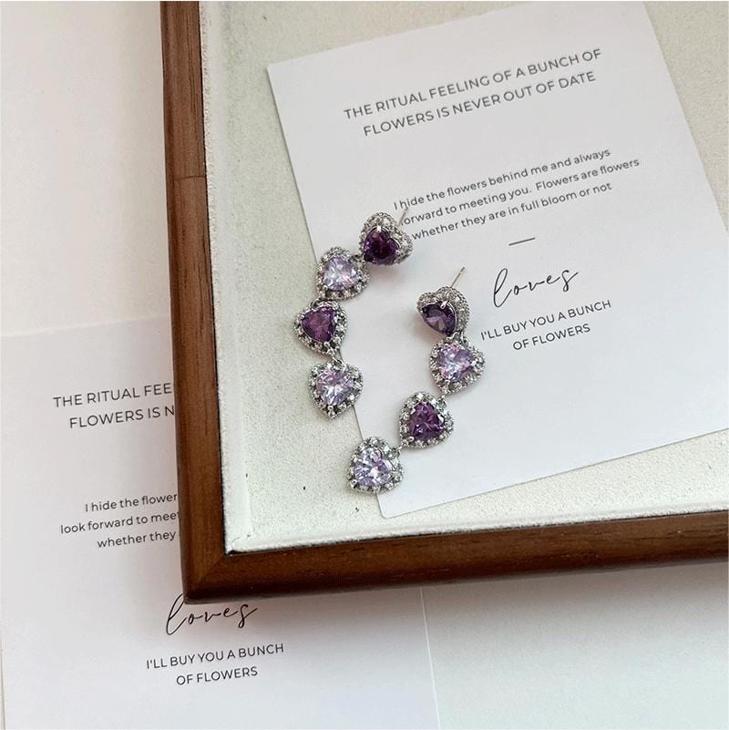 Chic CZ Inlaid Purple Crystal Heart Dangle Earrings - ArtGalleryZen