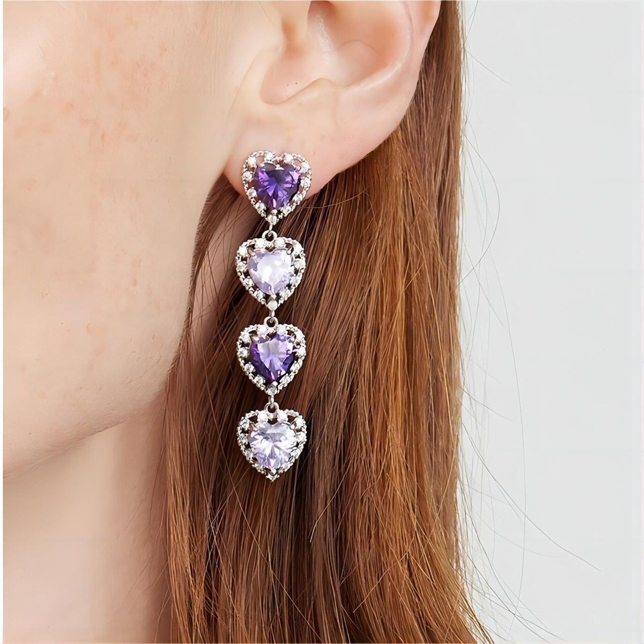 Chic CZ Inlaid Purple Crystal Heart Dangle Earrings - ArtGalleryZen