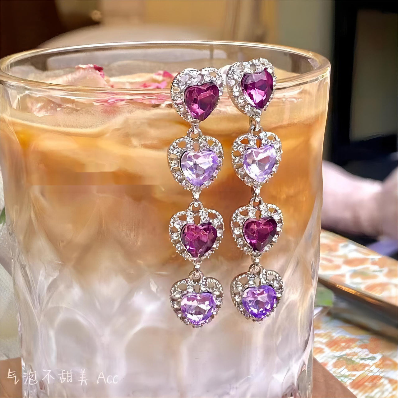 Chic CZ Inlaid Purple Crystal Heart Dangle Earrings - ArtGalleryZen