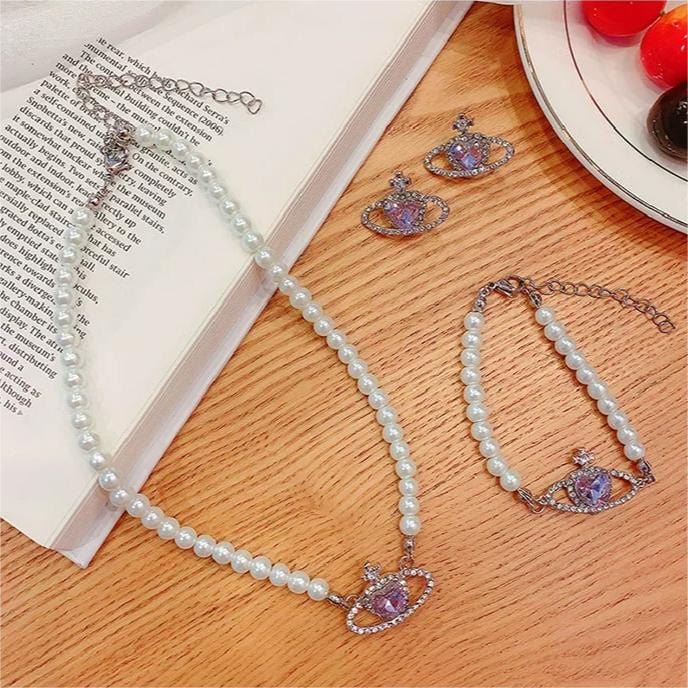Chic CZ Inlaid Necklace – ArtGalleryZen Saturn Earrings Set Bracelet Purple