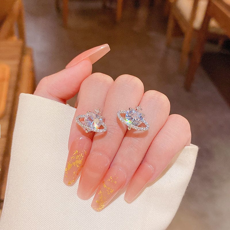 Chic CZ Inlaid Rhinestone Saturn Heart Earrings - ArtGalleryZen