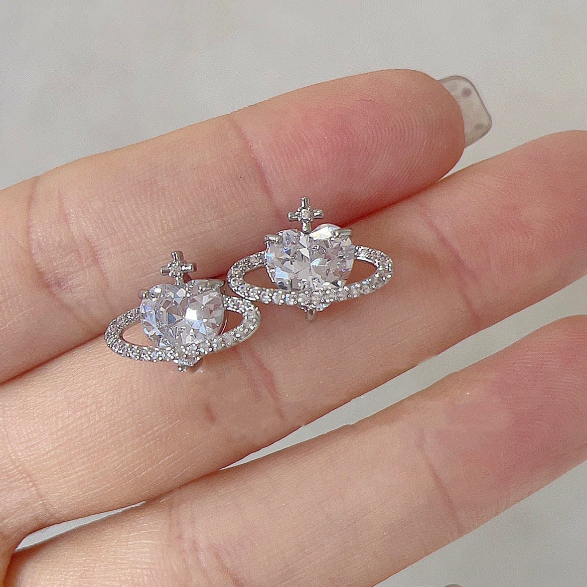 Chic CZ Inlaid Rhinestone Saturn Heart Earrings - ArtGalleryZen