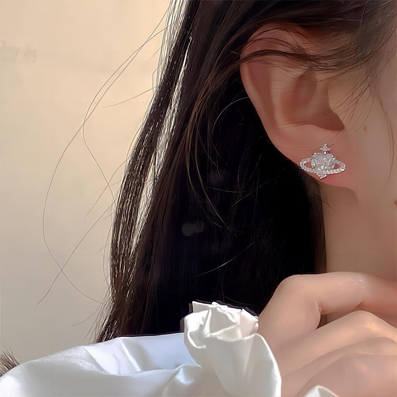 Chic CZ Inlaid Rhinestone Saturn Heart Earrings - ArtGalleryZen