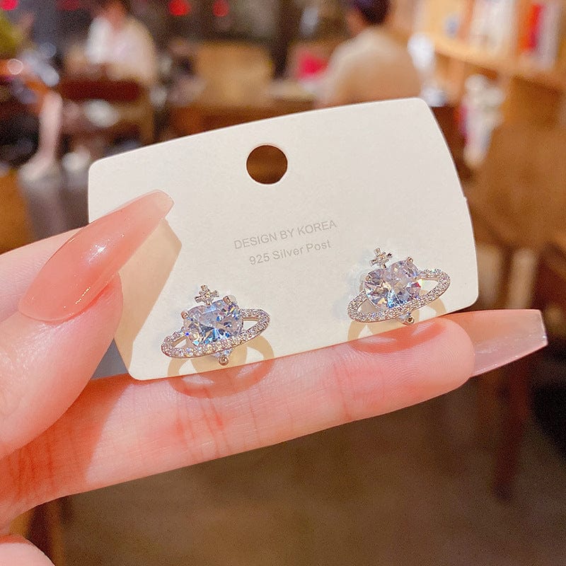 Chic CZ Inlaid Rhinestone Saturn Heart Earrings - ArtGalleryZen