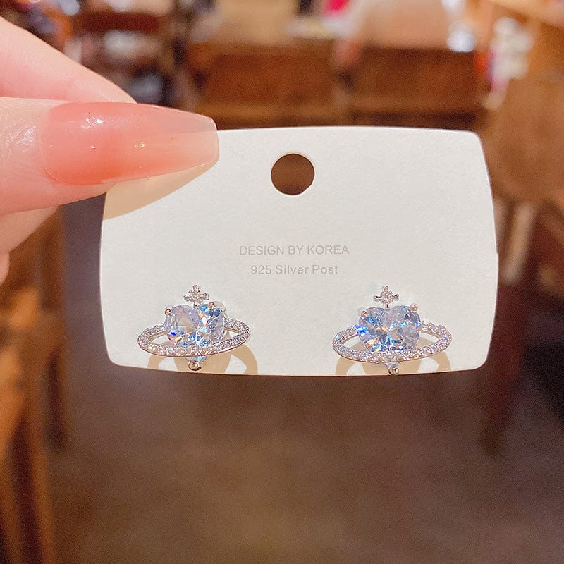 Chic CZ Inlaid Rhinestone Saturn Heart Earrings - ArtGalleryZen