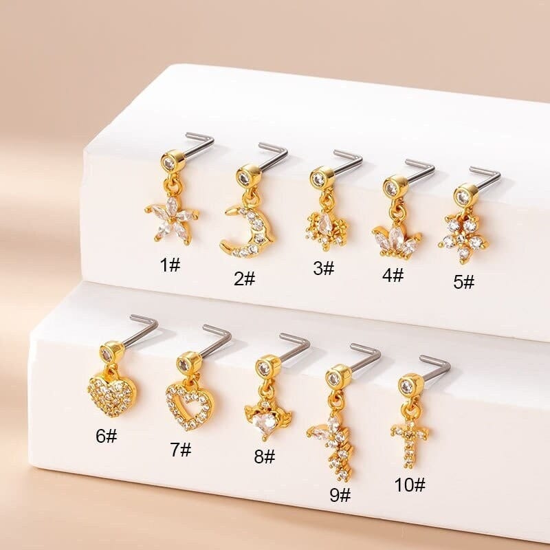 Chic CZ Inlaid Stainless Steel Floral Heart Nose Piercing Nose Stud - ArtGalleryZen