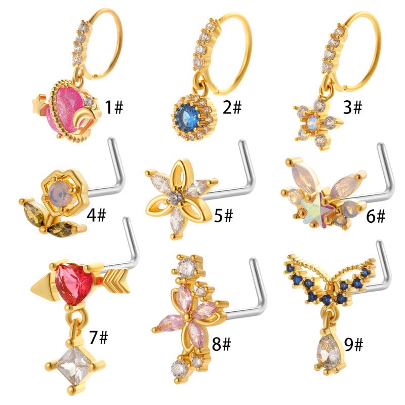 Chic CZ Inlaid Titanium Steel Flower Heart Nose Piercing Nose Stud Nose Hoop - ArtGalleryZen