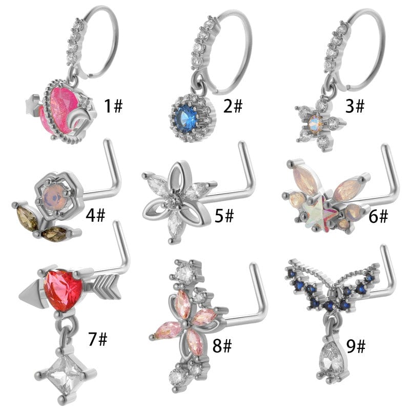 Chic CZ Inlaid Titanium Steel Flower Heart Nose Piercing Nose Stud Nose Hoop - ArtGalleryZen