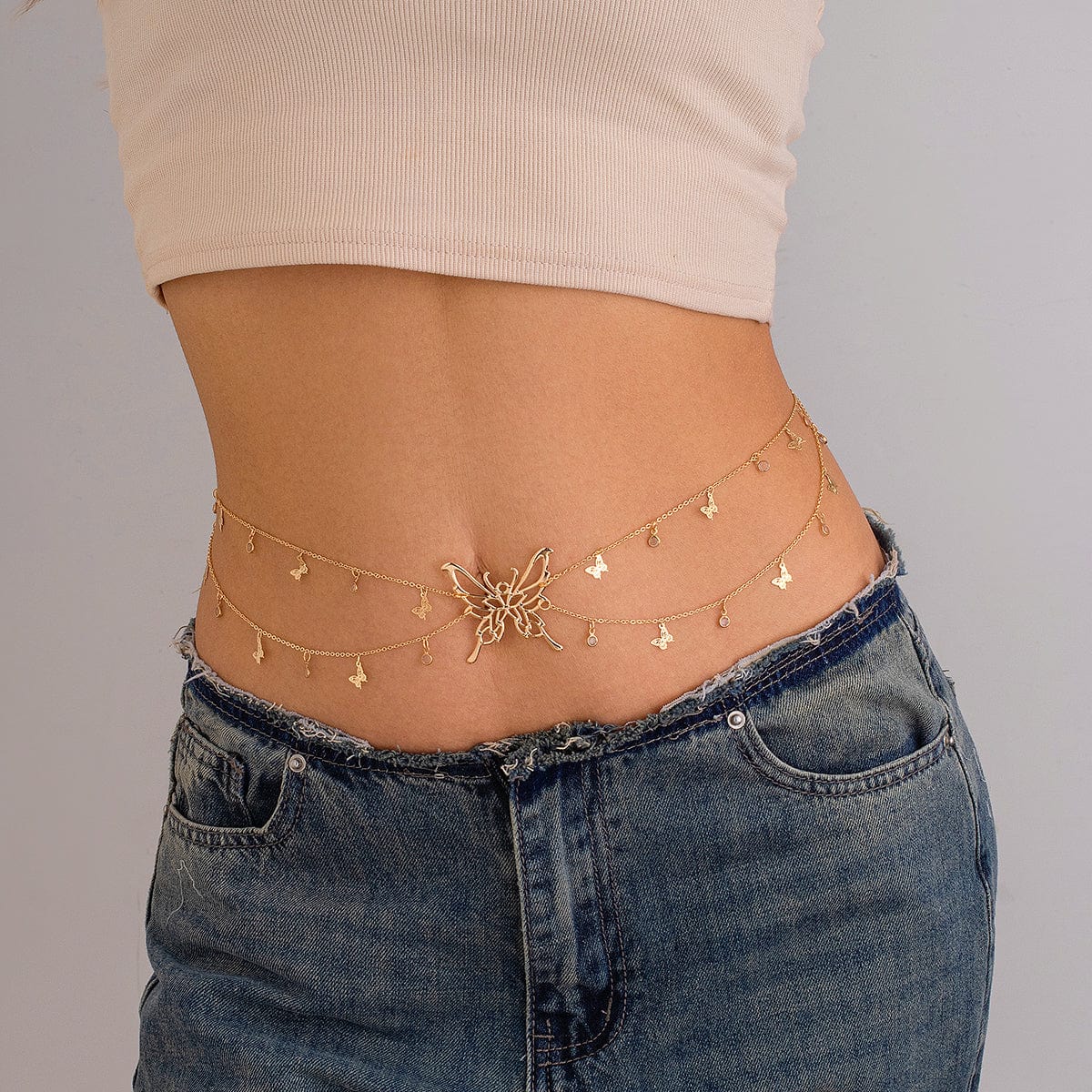 Chic Dainty Layered Butterfly Crystal Tassel Belly Chain