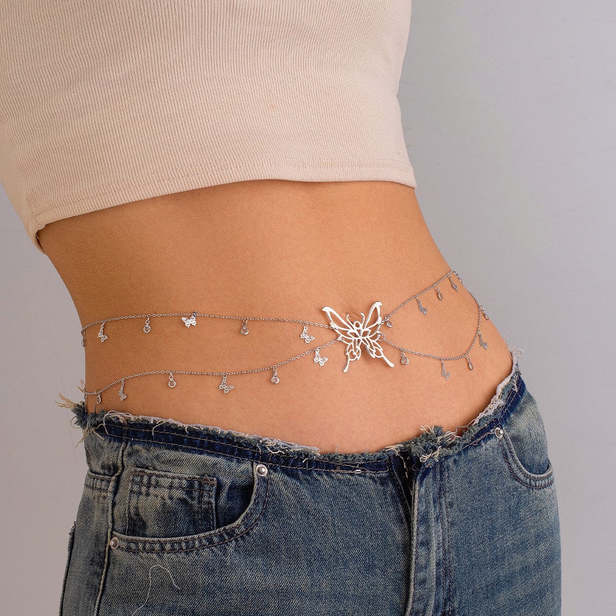 Chic Dainty Layered Butterfly Crystal Tassel Belly Chain