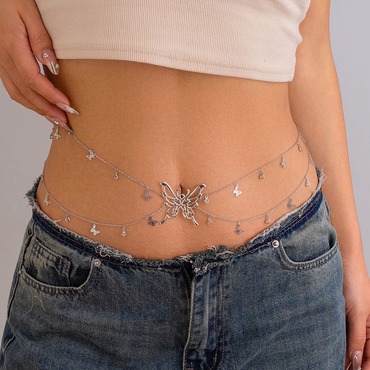 Chic Dainty Layered Butterfly Crystal Tassel Belly Chain