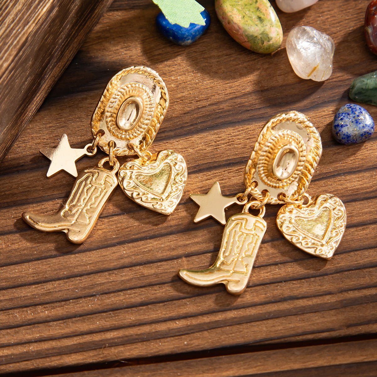 Chic Dangling Cowboy Hat Boot Heart Star Earrings - ArtGalleryZen