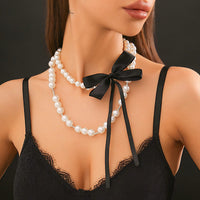 Thumbnail for Chic Layered Bowknot Ribbon Pearl Chain Choker Necklace Set - ArtGalleryZen