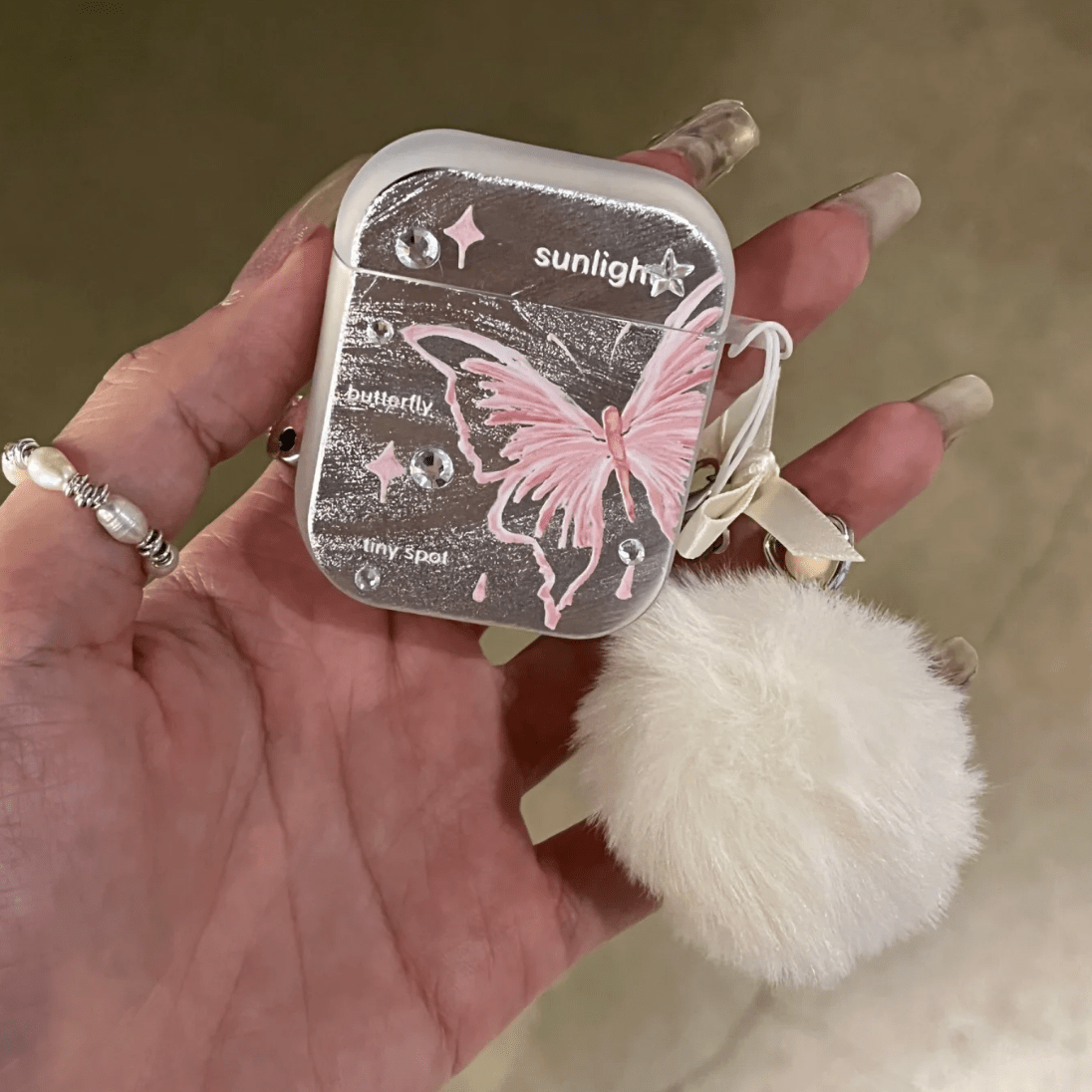 Chic Electroplated Butterfly AirPods Earphone Case With Plush Charm