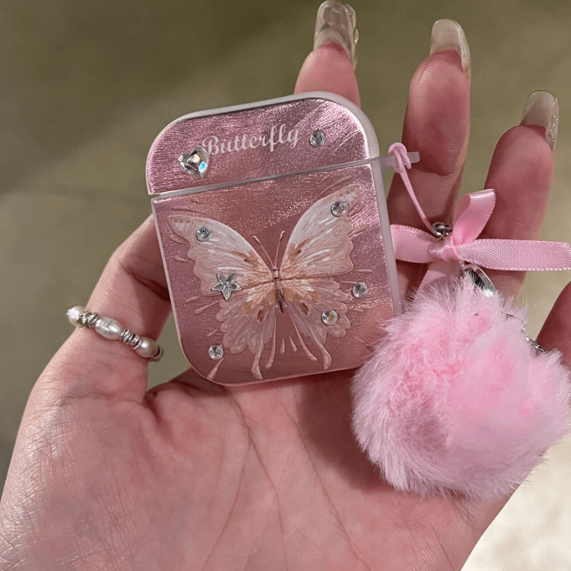 Chic Electroplated Butterfly AirPods Earphone Case With Plush Charm