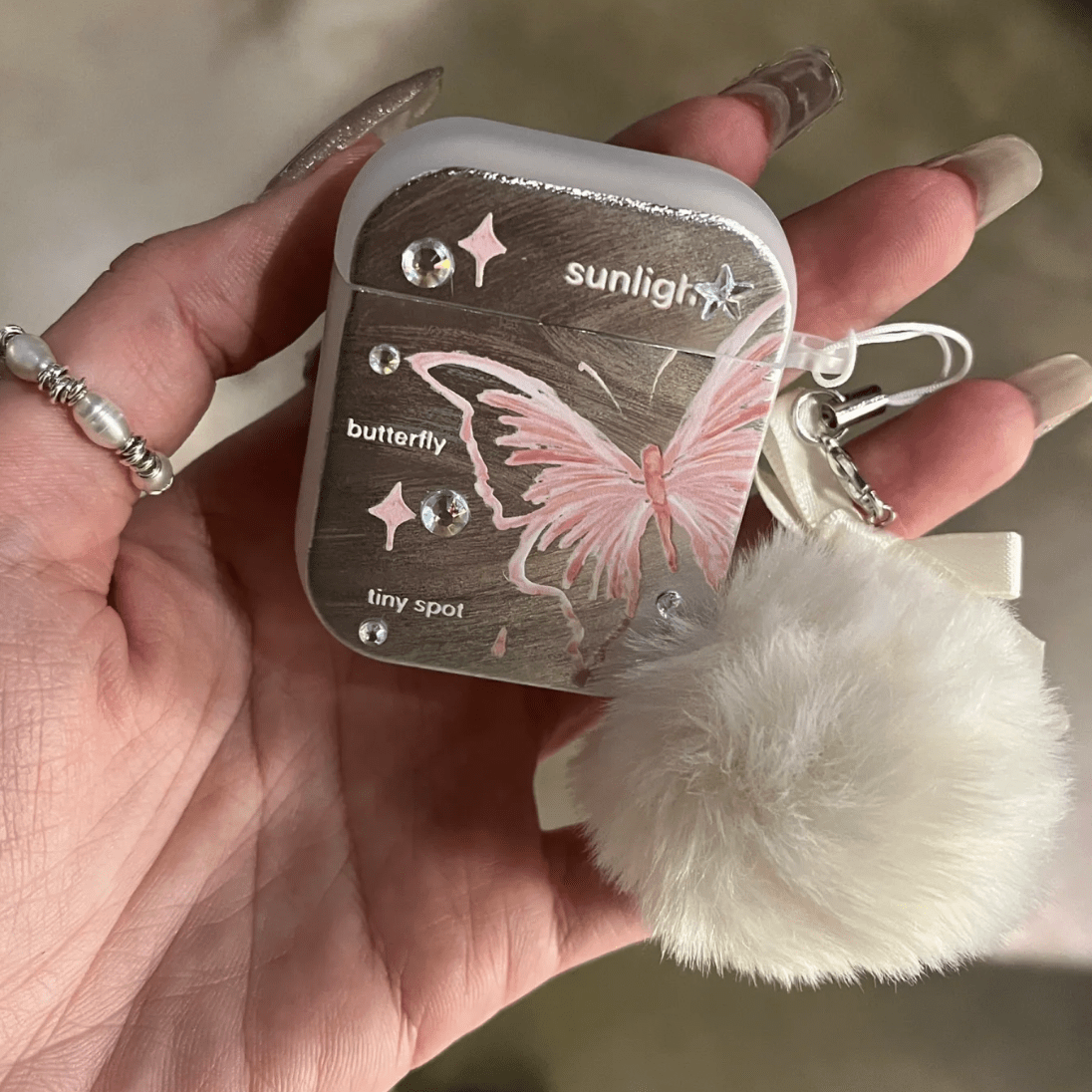 Chic Electroplated Butterfly AirPods Earphone Case With Plush Charm