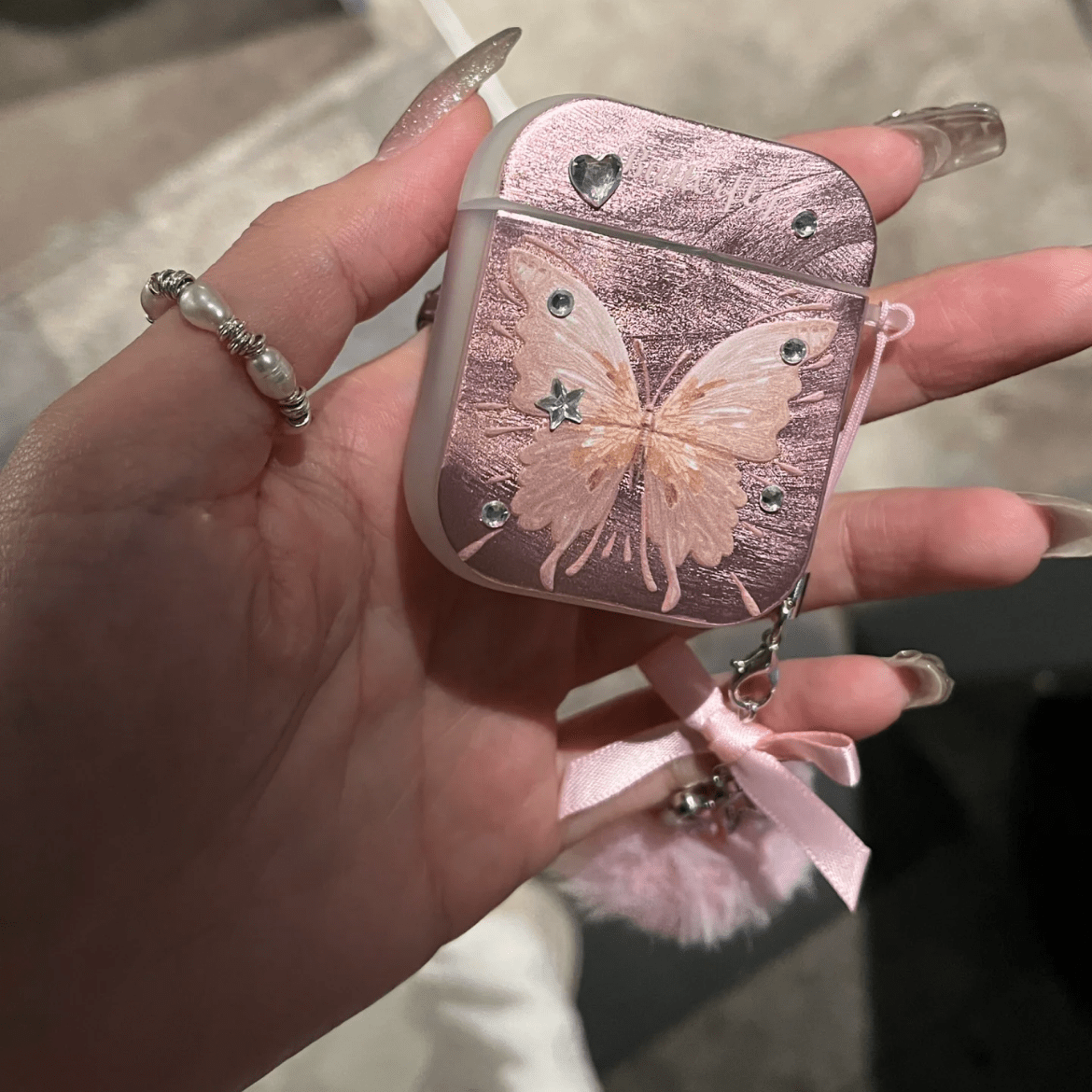 Chic Electroplated Butterfly AirPods Earphone Case With Plush Charm