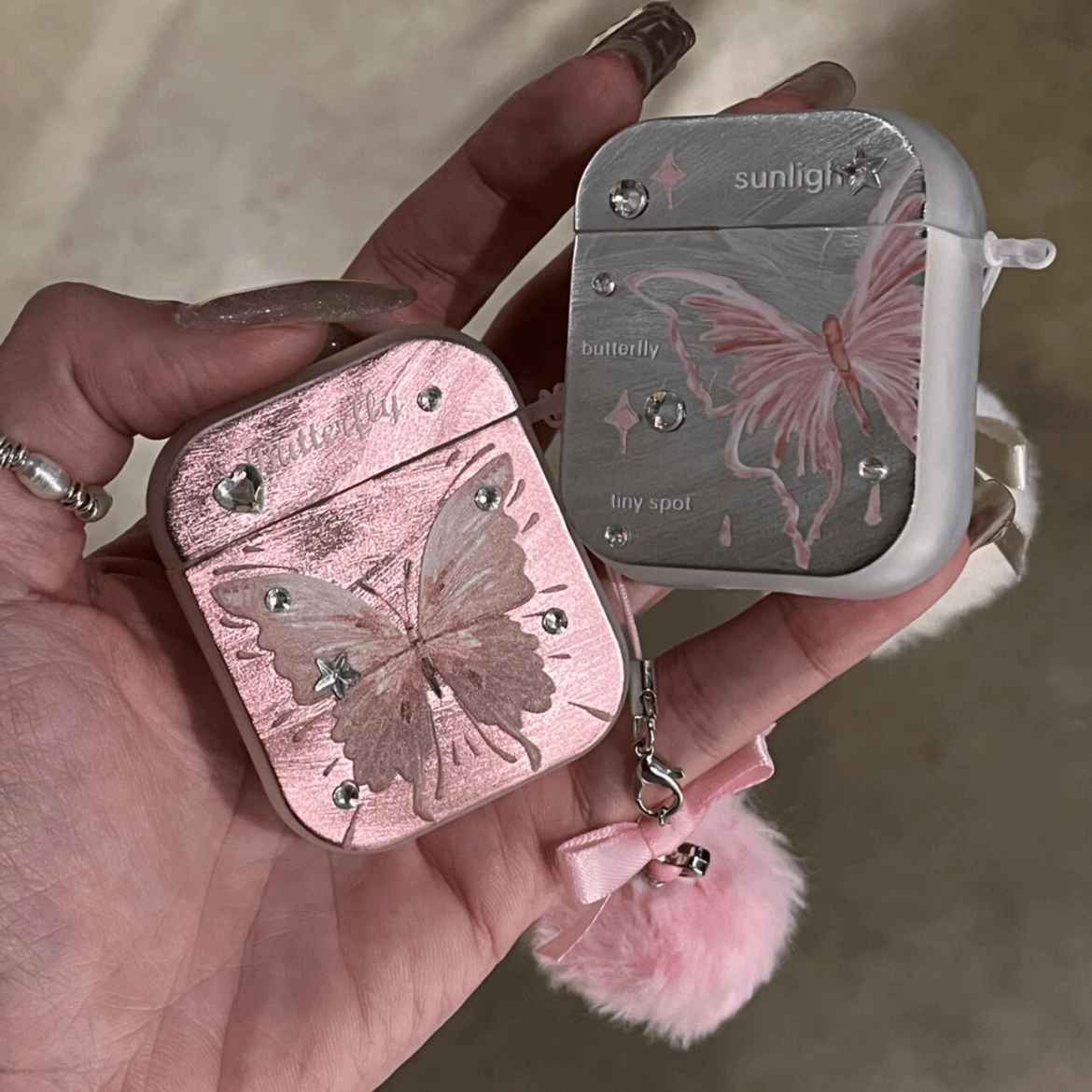 Chic Electroplated Butterfly AirPods Earphone Case With Plush Charm