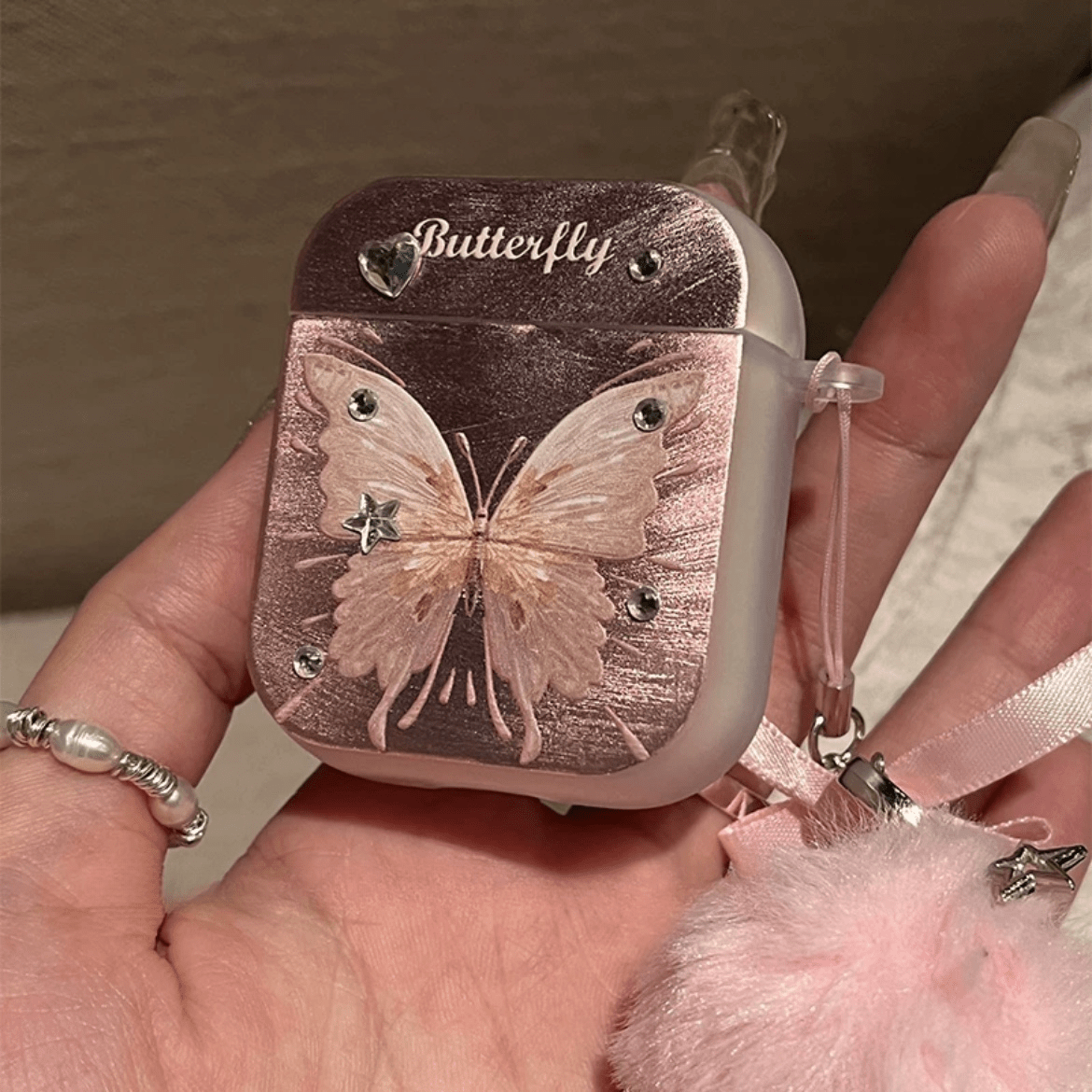 Chic Electroplated Butterfly AirPods Earphone Case With Plush Charm