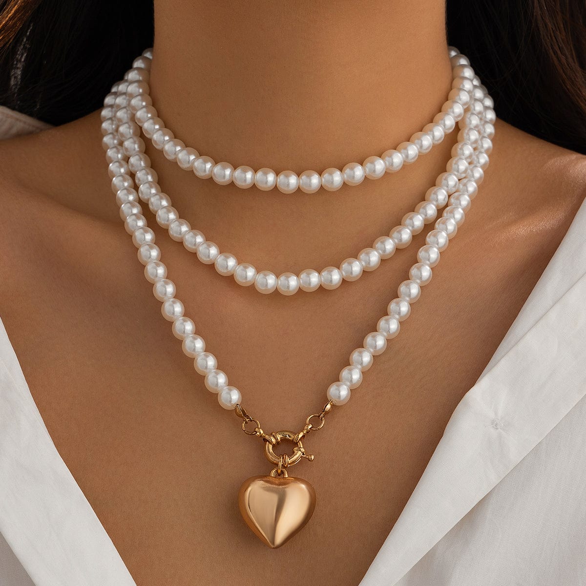 Chic Elegant Heart Pendant Pearl Chain Necklace