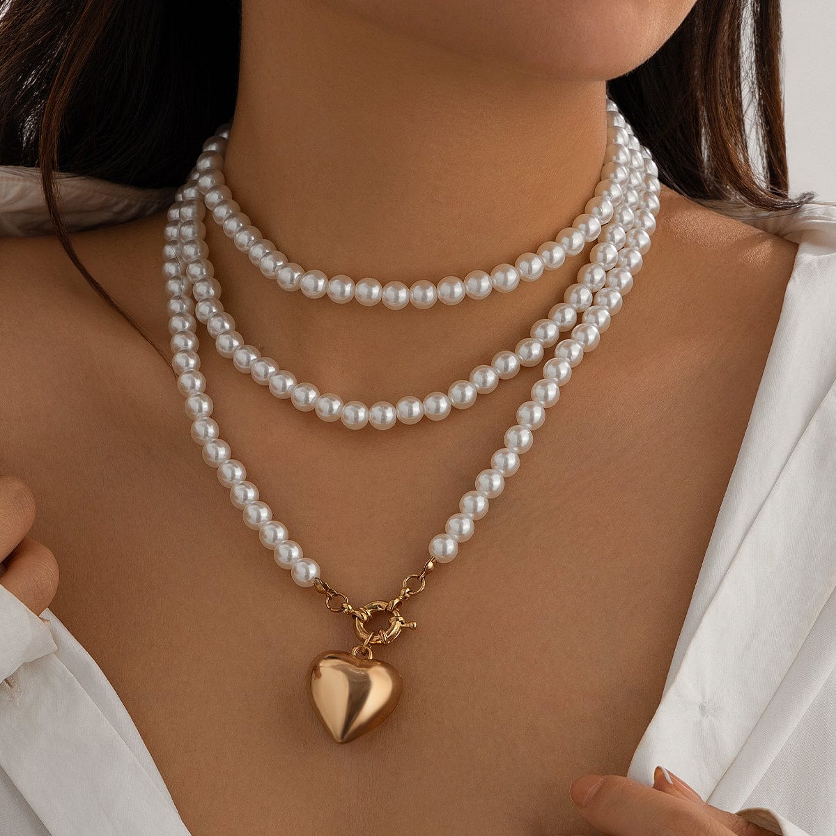 Chic Elegant Heart Pendant Pearl Chain Necklace