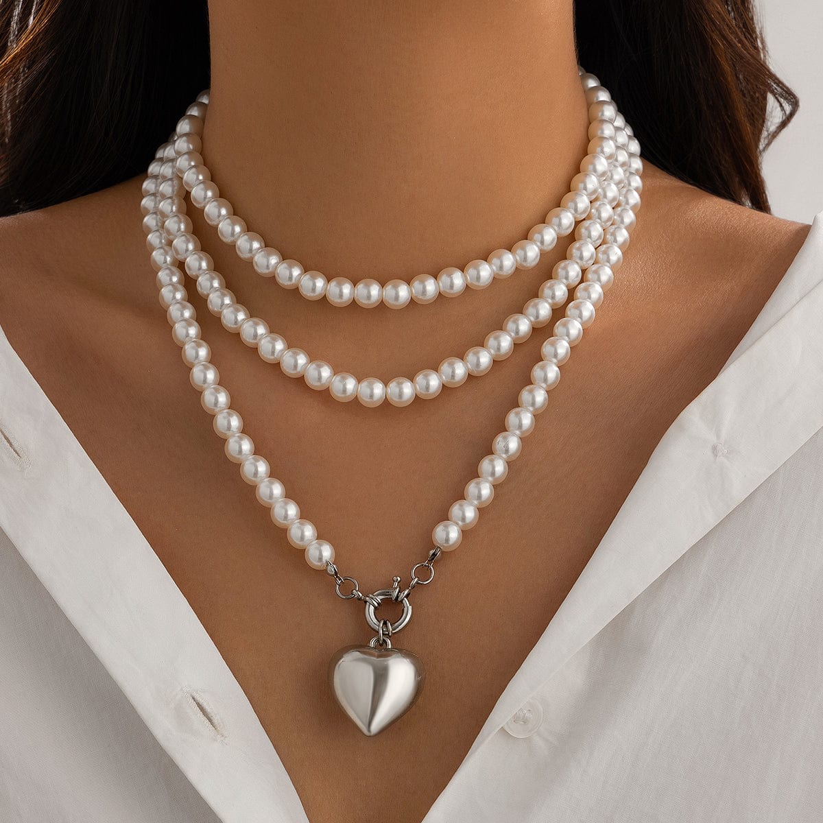 Chic Elegant Heart Pendant Pearl Chain Necklace