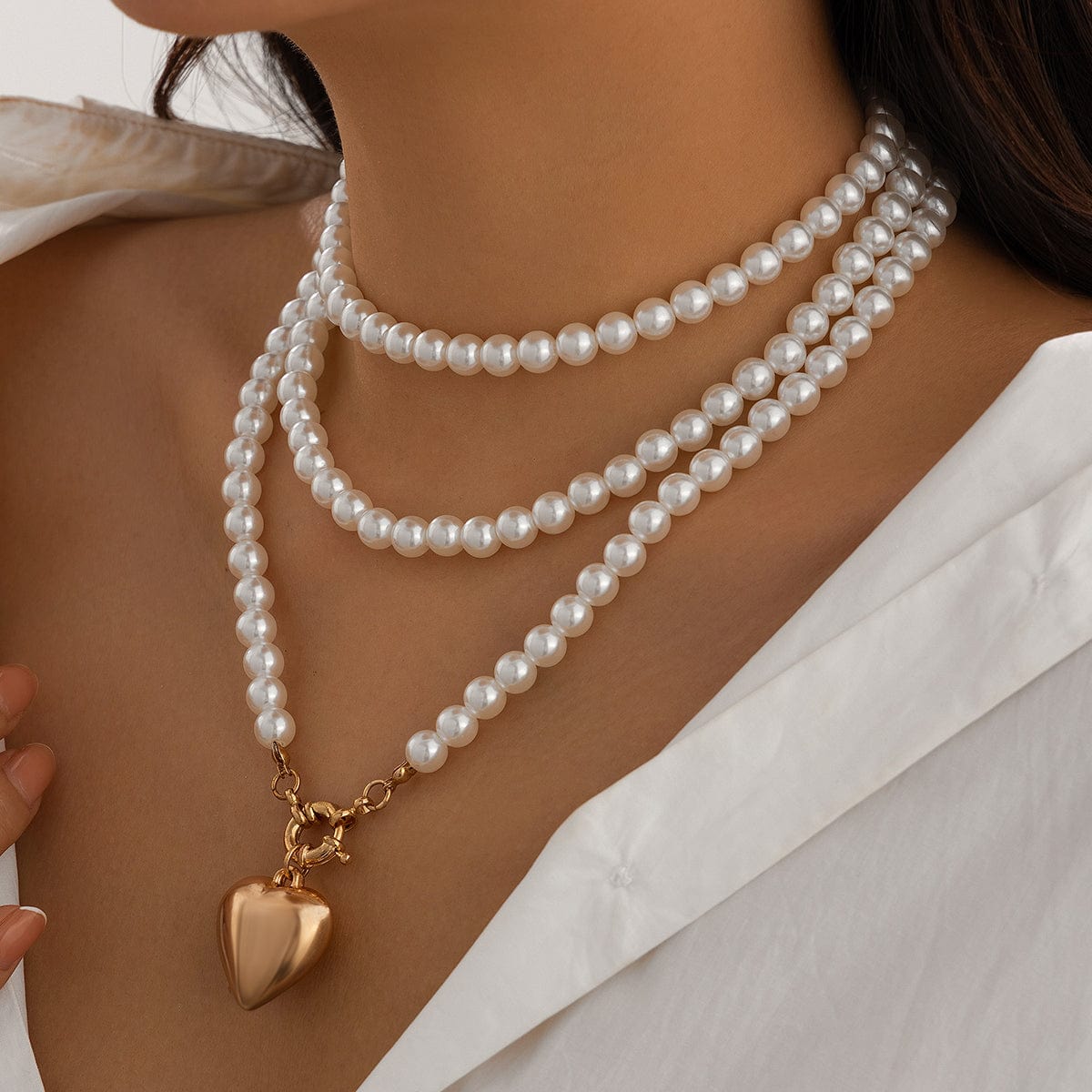 Chic Elegant Heart Pendant Pearl Chain Necklace