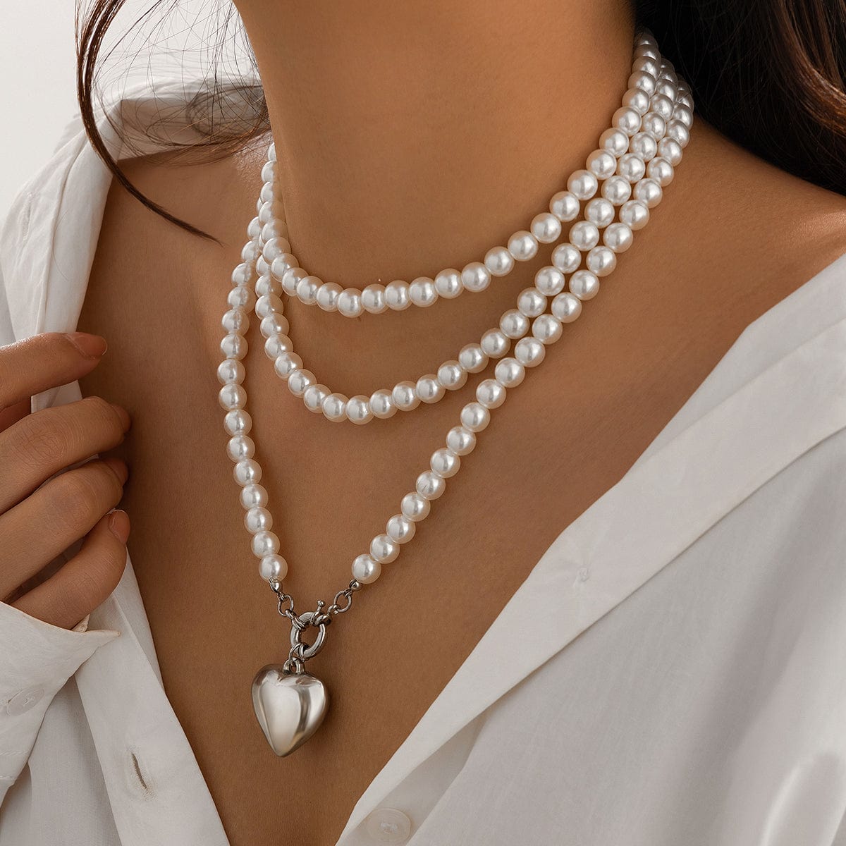 Chic Elegant Heart Pendant Pearl Chain Necklace