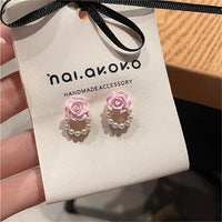Thumbnail for Chic Enamel Pink Rose Pearl Chain Earrings - ArtGalleryZen