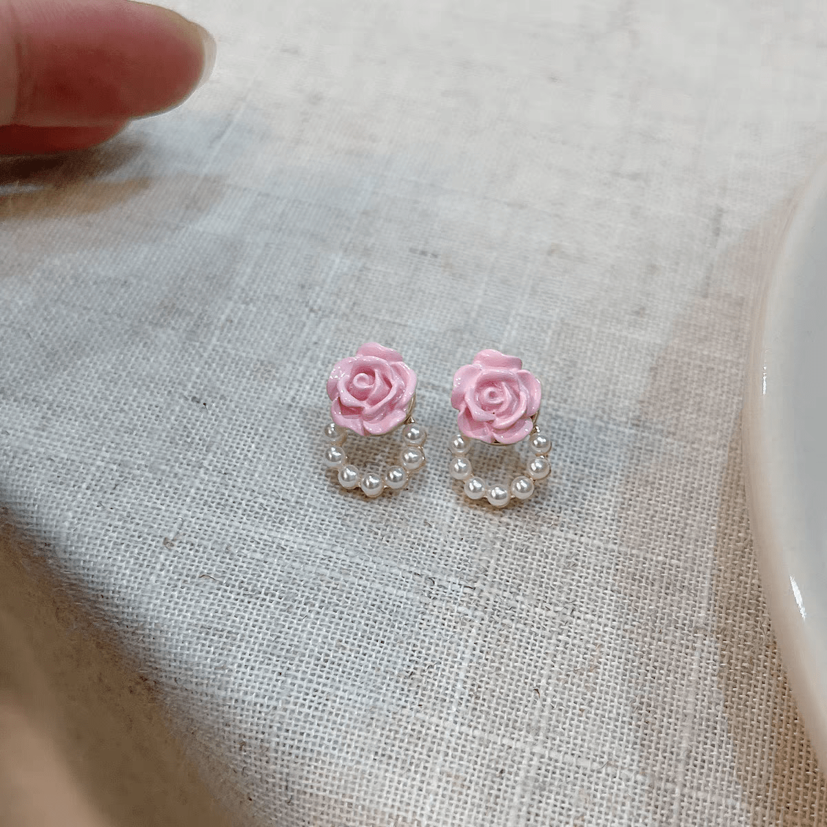 Chic Enamel Pink Rose Pearl Chain Earrings - ArtGalleryZen