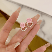 Thumbnail for Chic Enamel Pink Rose Pearl Chain Earrings - ArtGalleryZen