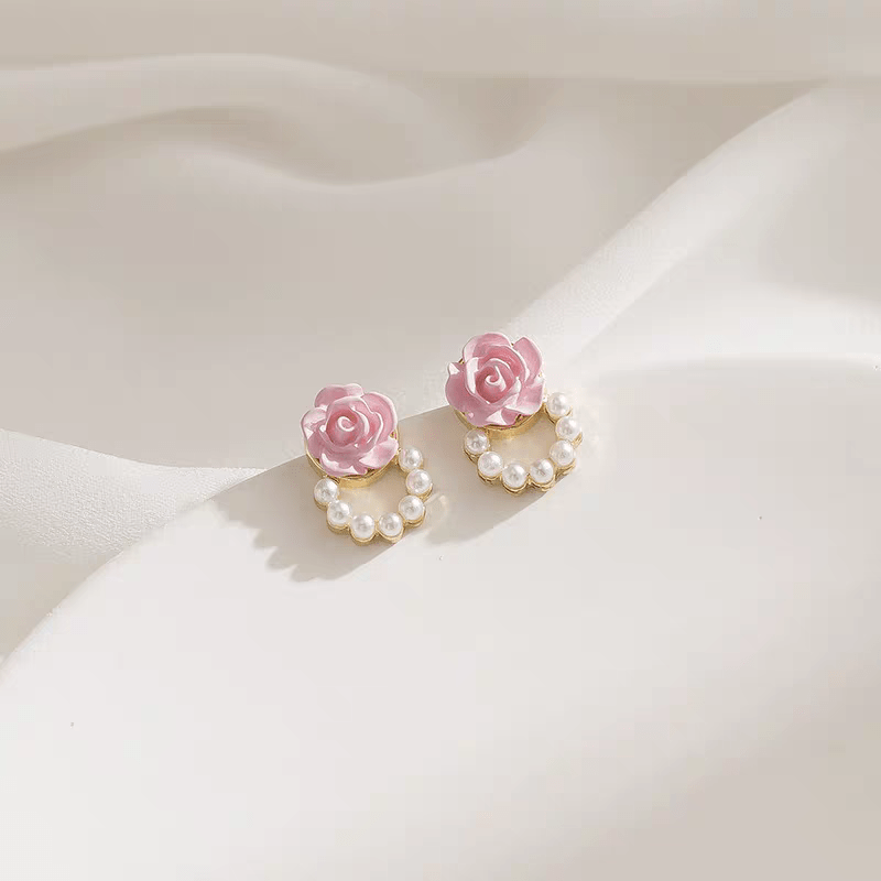 Chic Enamel Pink Rose Pearl Chain Earrings - ArtGalleryZen