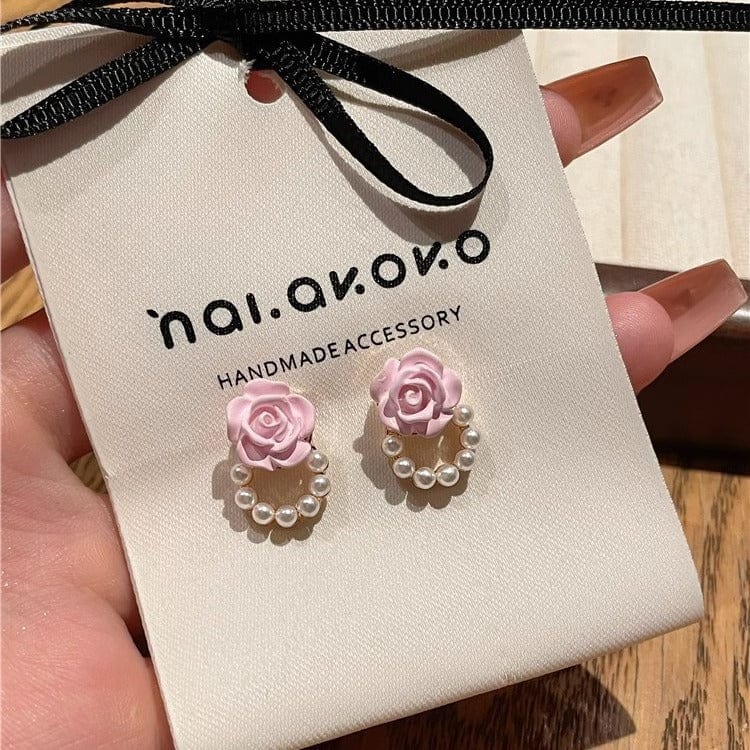Chic Enamel Pink Rose Pearl Chain Earrings - ArtGalleryZen