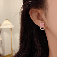 Thumbnail for Chic Enamel Pink Rose Pearl Chain Earrings - ArtGalleryZen