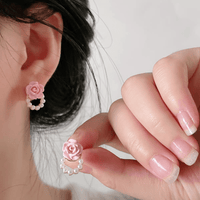Thumbnail for Chic Enamel Pink Rose Pearl Chain Earrings - ArtGalleryZen