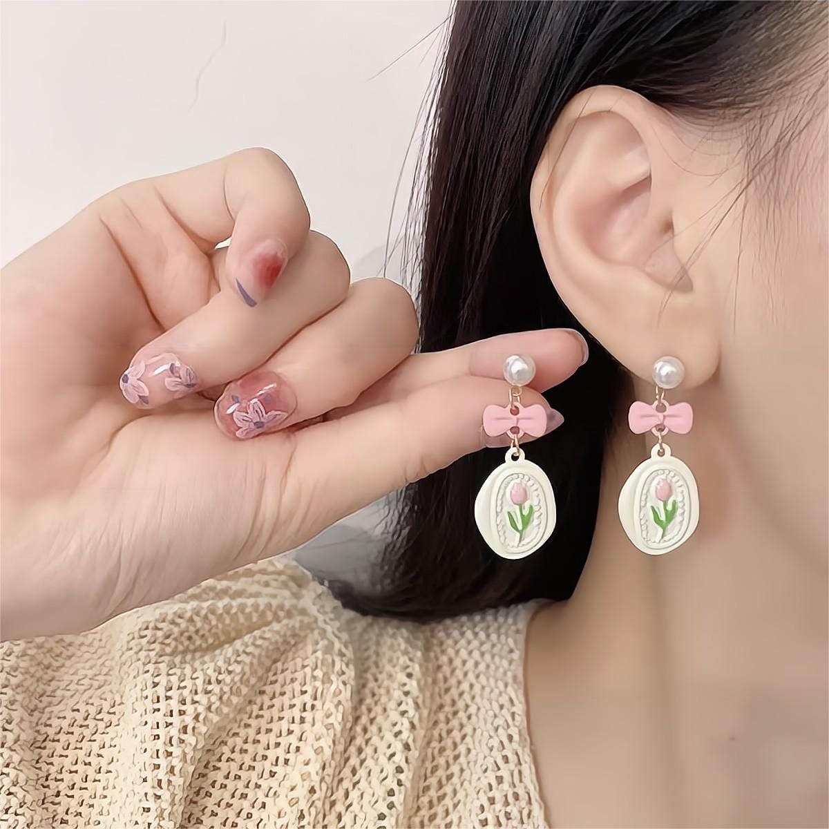 Chic Enamel Pink Tulip Earrings - ArtGalleryZen