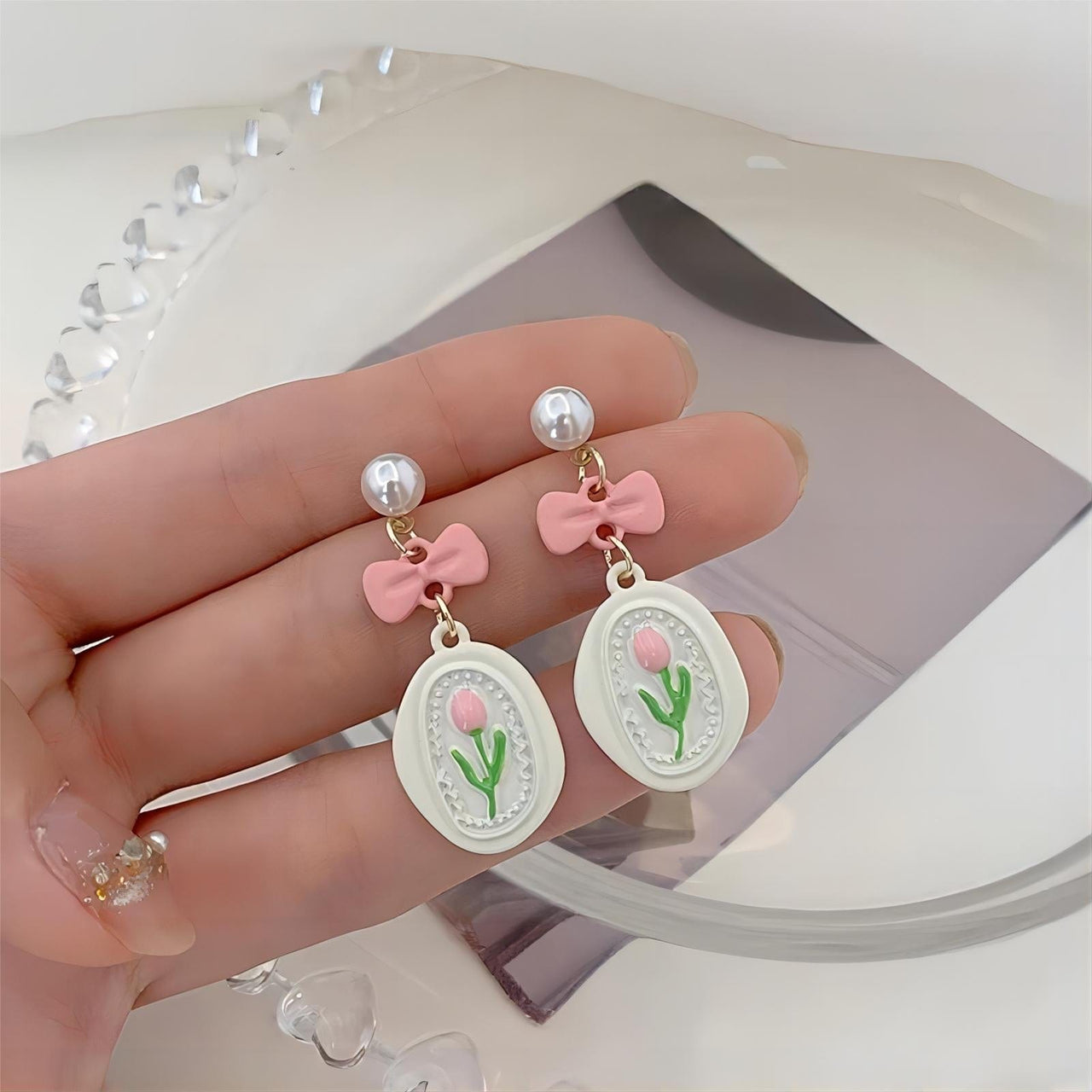 Chic Enamel Pink Tulip Earrings - ArtGalleryZen