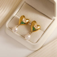 Thumbnail for Chic Enamel Tulip Heart Pearl Earrings - ArtGalleryZen