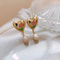 Thumbnail for Chic Enamel Tulip Heart Pearl Earrings - ArtGalleryZen