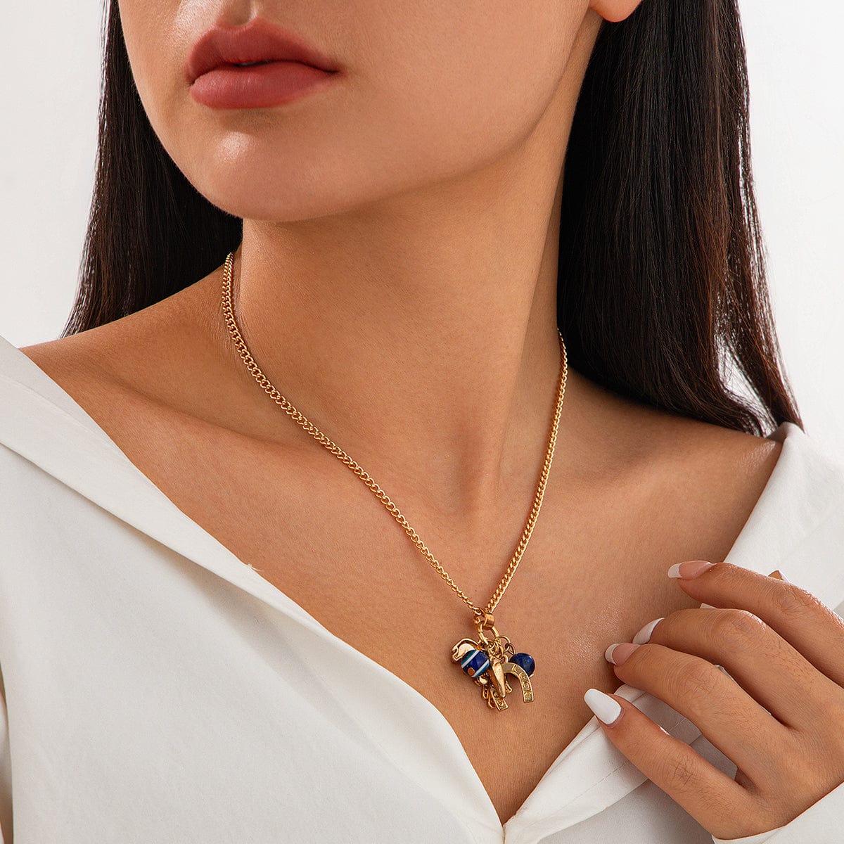 Chic Evil Eye Elephant Lucky Horseshoe Pendant Cable Chain Necklace - ArtGalleryZen