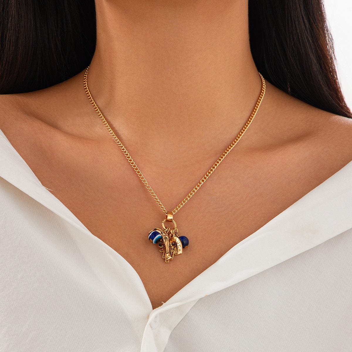 Chic Evil Eye Elephant Lucky Horseshoe Pendant Cable Chain Necklace - ArtGalleryZen