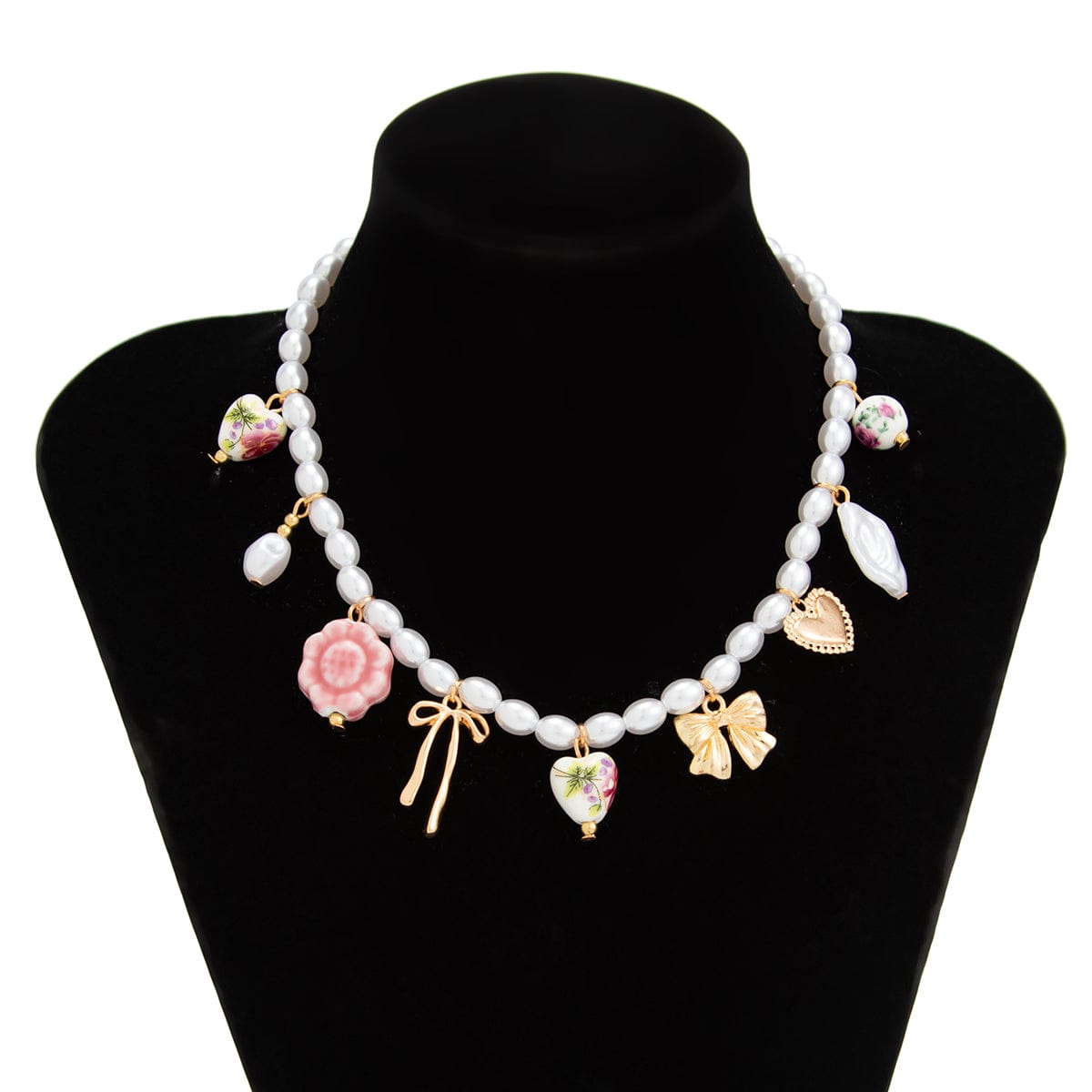 Chic Floral Heart Bowknot Pendant Pearl Chain Necklace - ArtGalleryZen