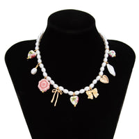 Thumbnail for Chic Floral Heart Bowknot Pendant Pearl Chain Necklace - ArtGalleryZen