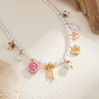 Thumbnail for Chic Floral Heart Bowknot Pendant Pearl Chain Necklace - ArtGalleryZen
