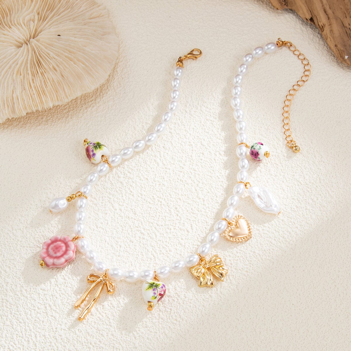 Chic Floral Heart Bowknot Pendant Pearl Chain Necklace - ArtGalleryZen
