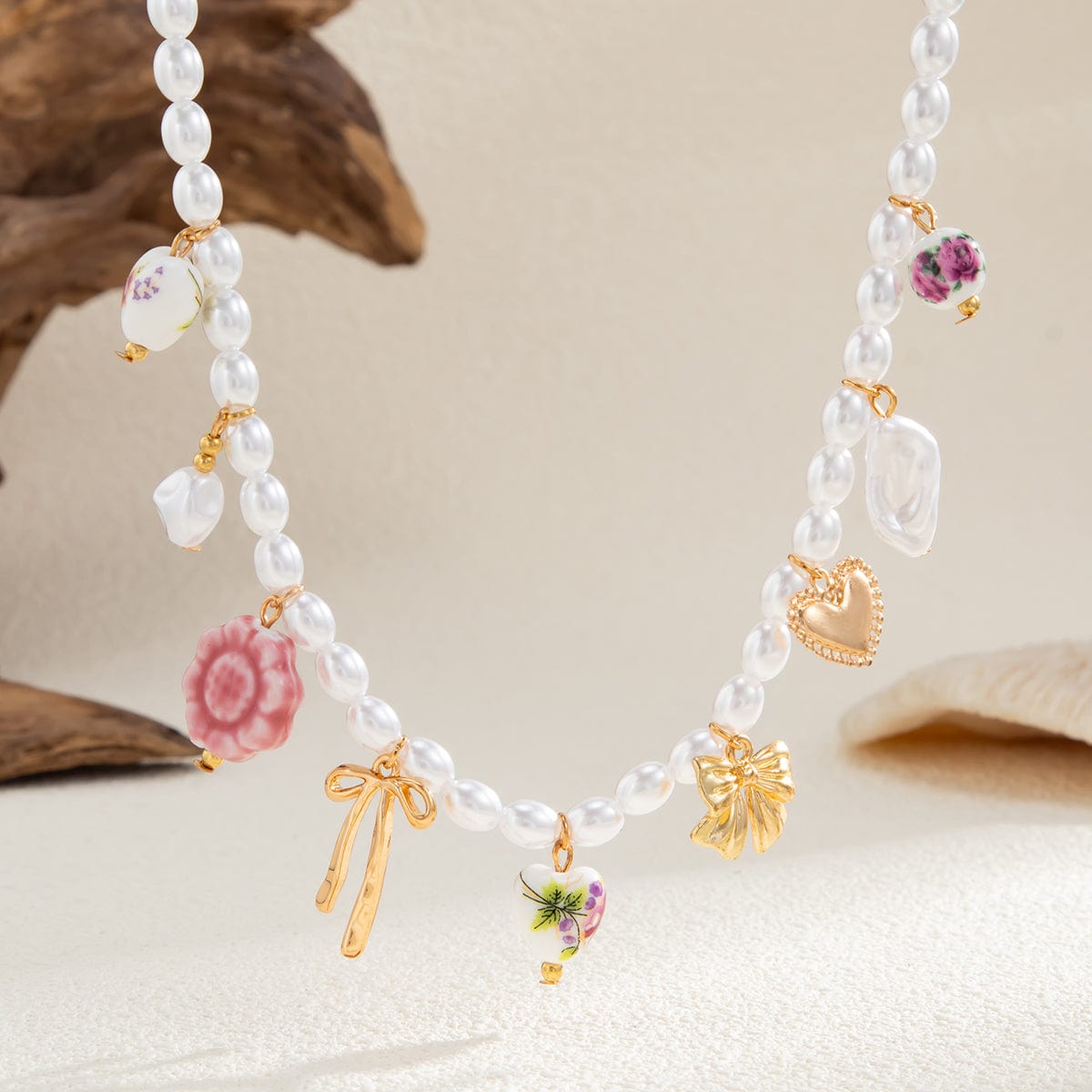 Chic Floral Heart Bowknot Pendant Pearl Chain Necklace - ArtGalleryZen