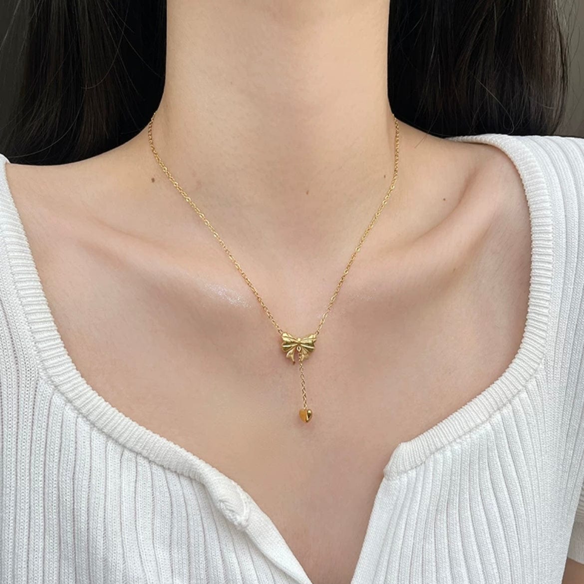 Chic Gold Plated Bowknot Heart Pendant Y Necklace - ArtGalleryZen