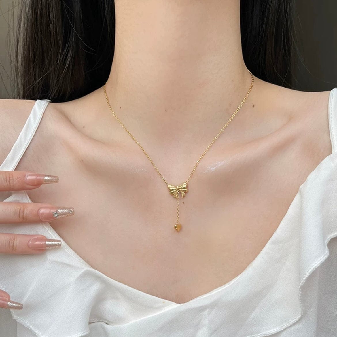 Chic Gold Plated Bowknot Heart Pendant Y Necklace - ArtGalleryZen