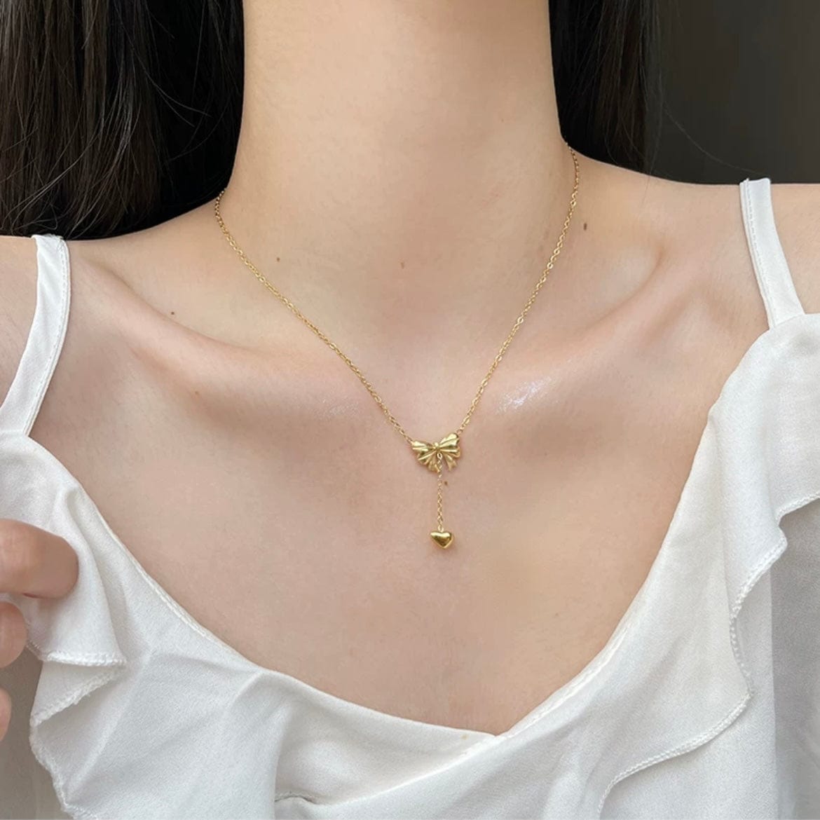 Chic Gold Plated Bowknot Heart Pendant Y Necklace - ArtGalleryZen